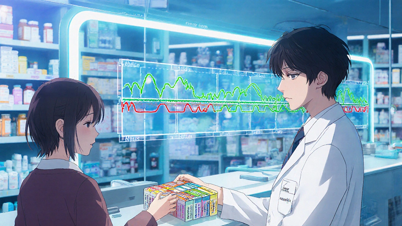 A pharmacist handing a labeled pill organizer to a patient, with floating timelines showing safe and dangerous drug interactions.