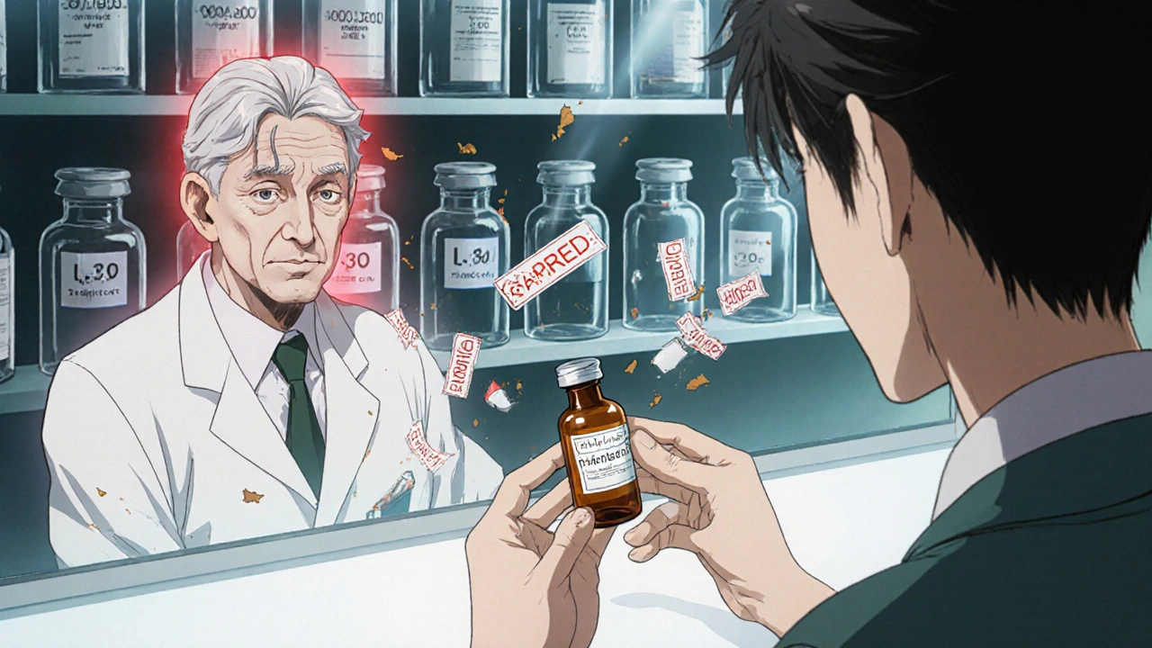 A pharmacist handing an amber vial with desiccant to a patient, while other vials glow with warning light.