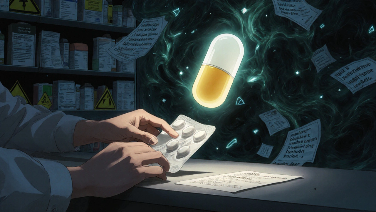 A pharmacist’s counter where a pill hovers between two timelines—one absorbed, one trapped in gel.