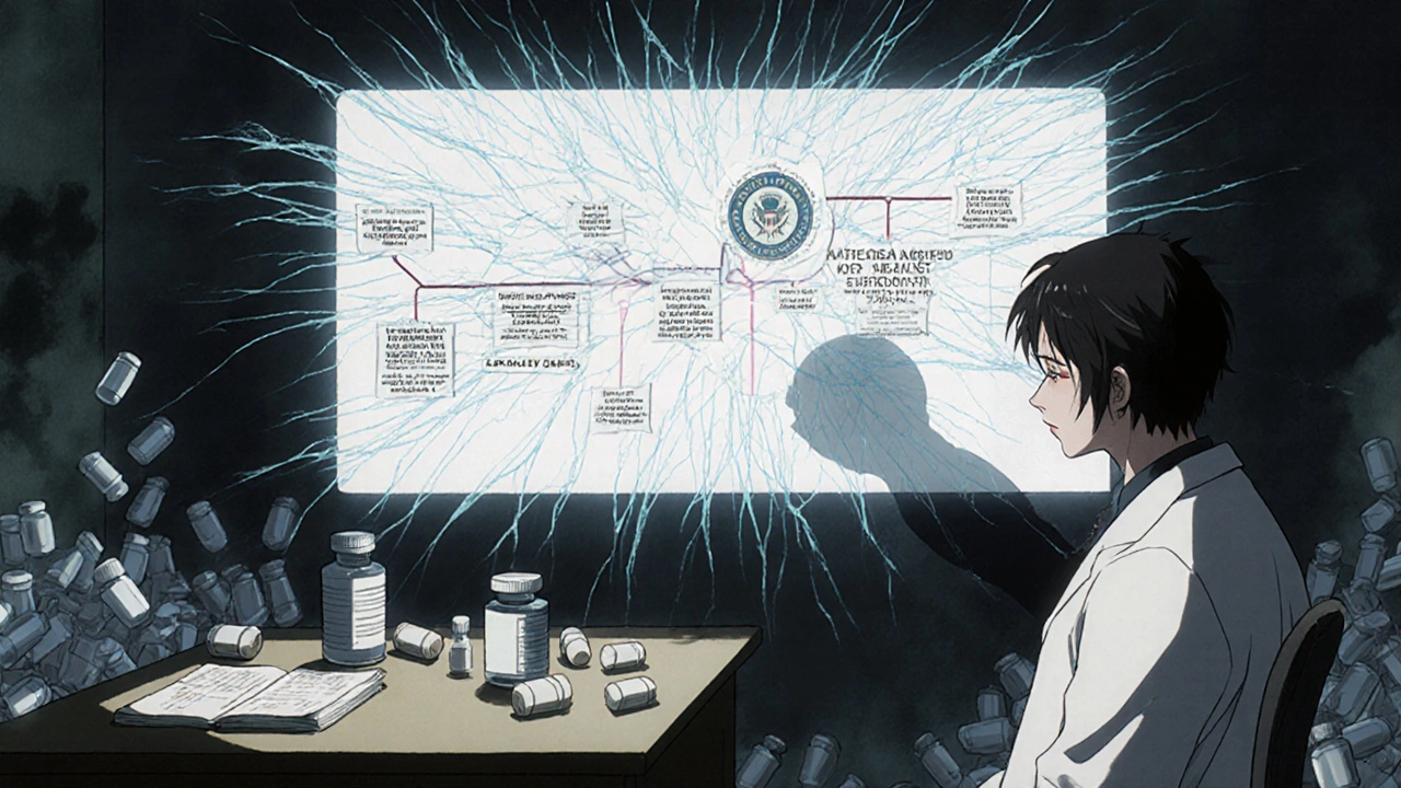 A scientist facing a holographic timeline of drug approvals, with data threads snapping as an authorized generic appears.
