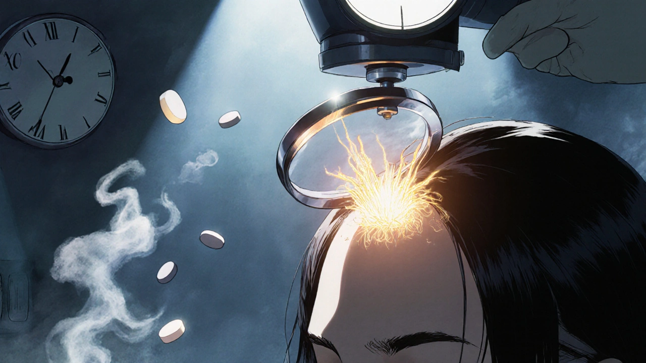 A single hair follicle is transplanted under magnification, with dissolving pills and a backward-ticking clock in the background.