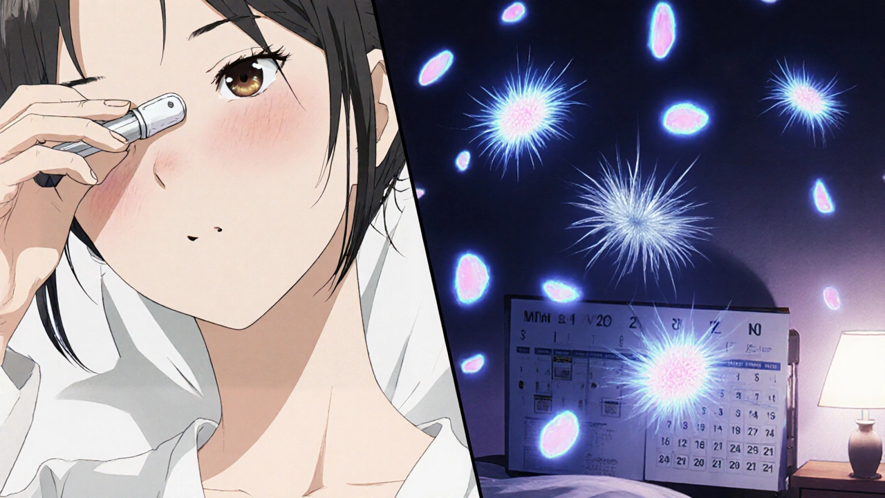 A split scene showing daily cream application and hair thinning over time, with glowing enzymes slowing follicle growth.