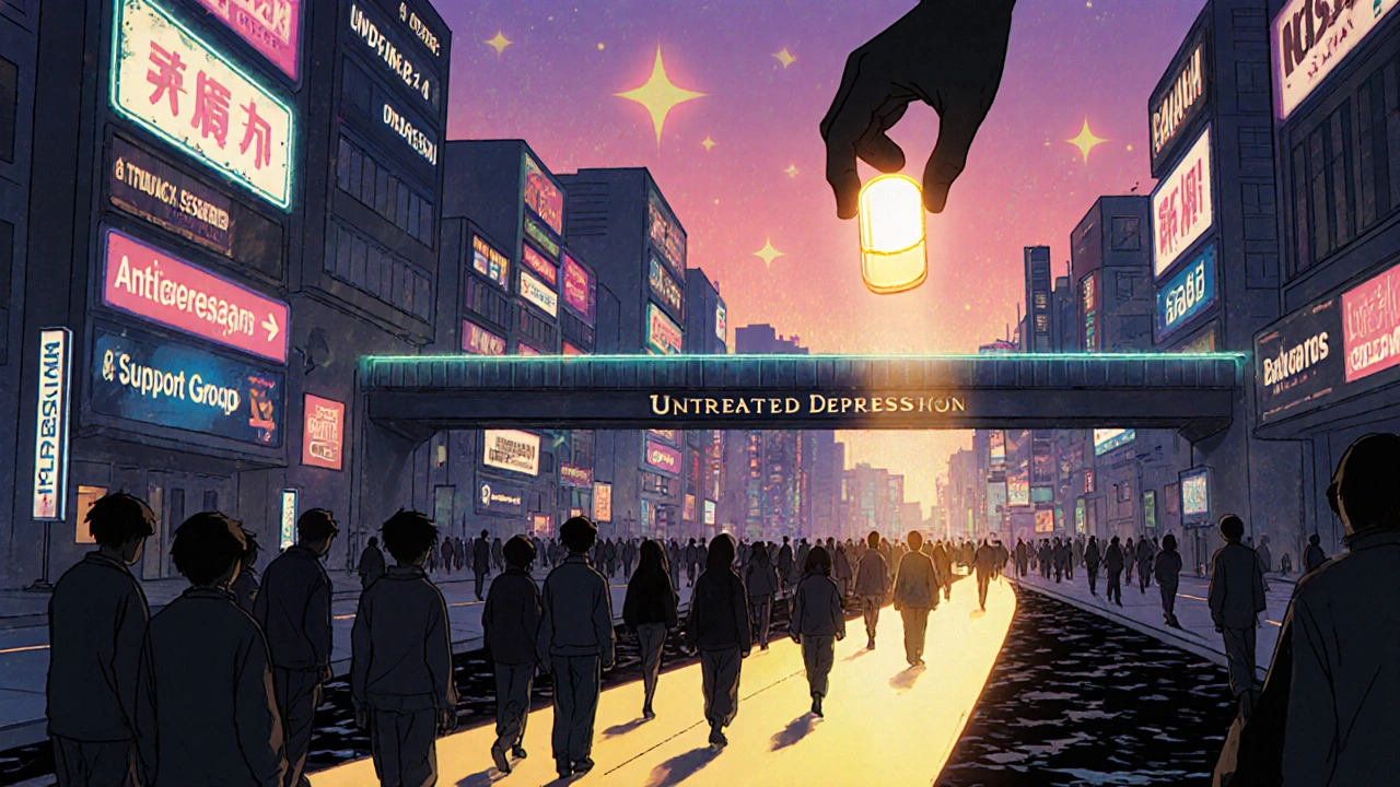 A surreal city at dawn shows teens choosing between paths of treatment and despair, with one glowing pill casting a golden path forward.