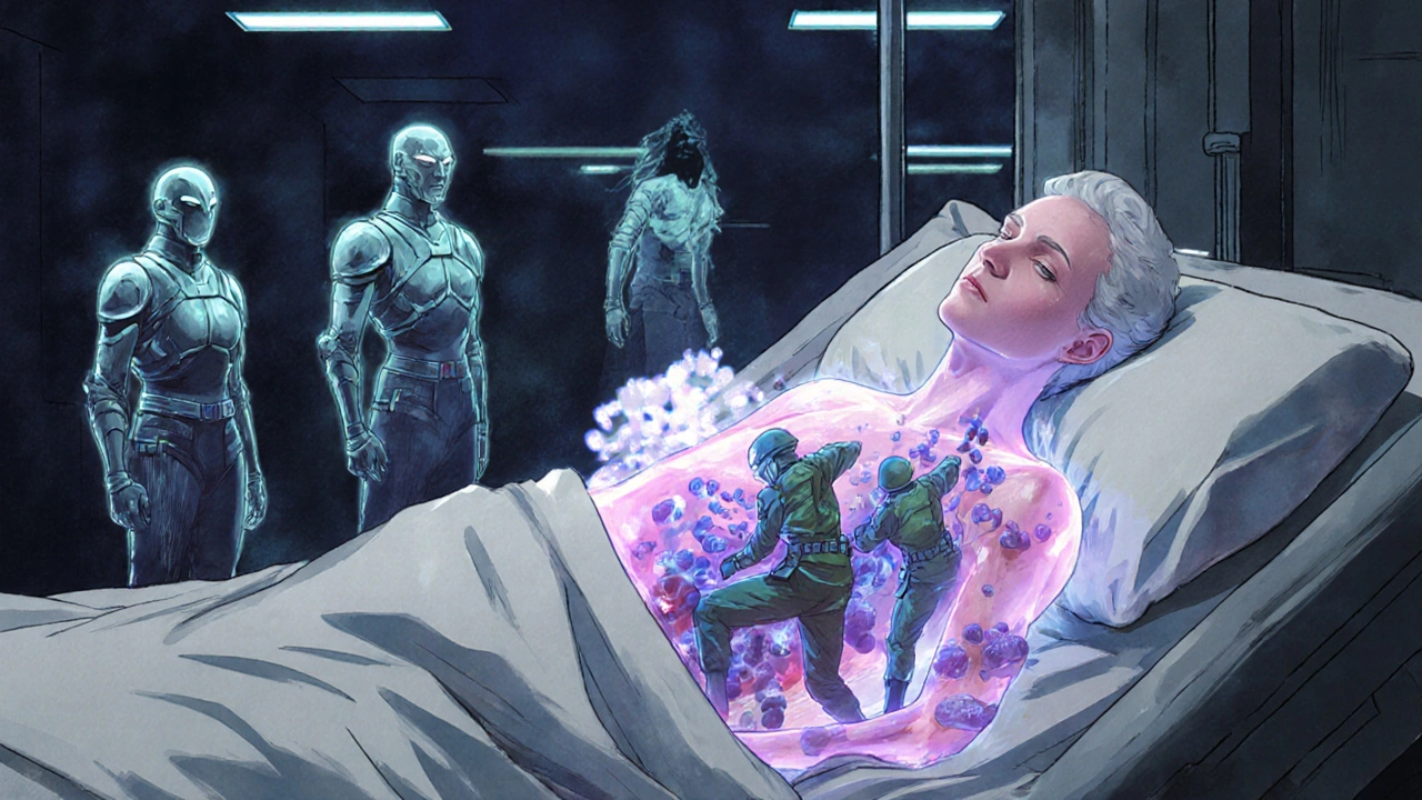 A transparent patient inside a hospital bed, showing amoxicillin and clavulanate battling bacteria with alternate antibiotics watching.