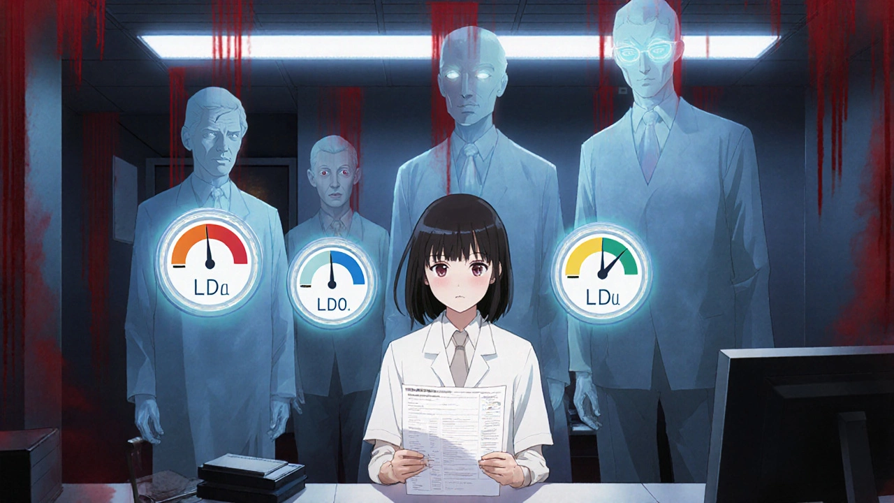 A young woman in a doctor&#039;s office holding a blood test, surrounded by ghostly ancestors with floating cholesterol gauges.