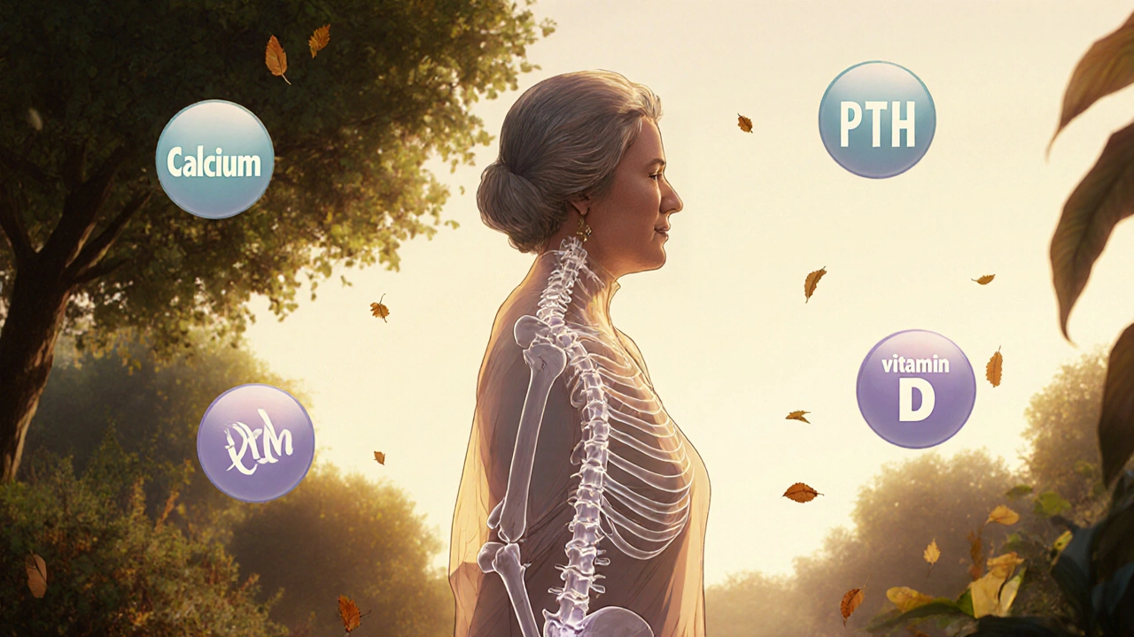 An elderly woman’s bones heal subtly as calcitonin flows like vines, surrounded by floating nutrient symbols.