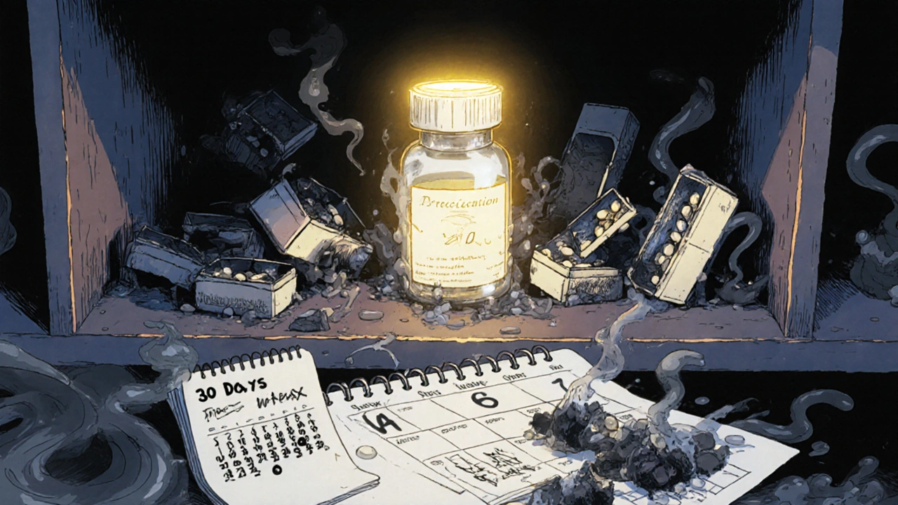 An original medicine bottle glowing beside crumbling pillboxes being consumed by mist and time.