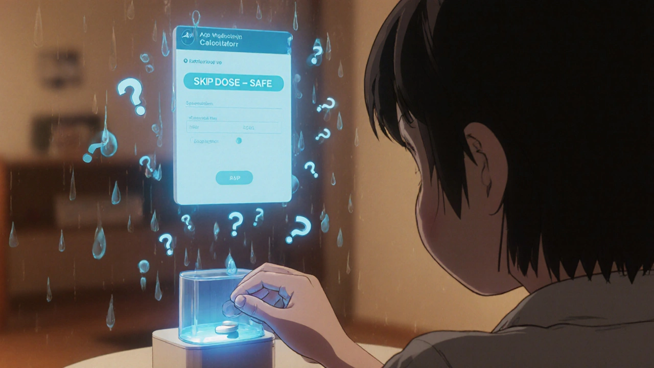 Child placing a pill in a glowing smart dispenser, with a holographic app screen showing &#039;SKIP DOSE — SAFE&#039; in calm light.