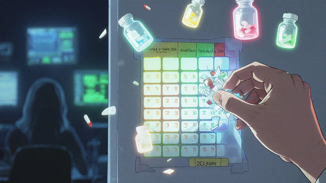 Color-coded medication chart on a fridge with ghostly pill bottles drifting above, symbolizing dosing anxiety and organization.