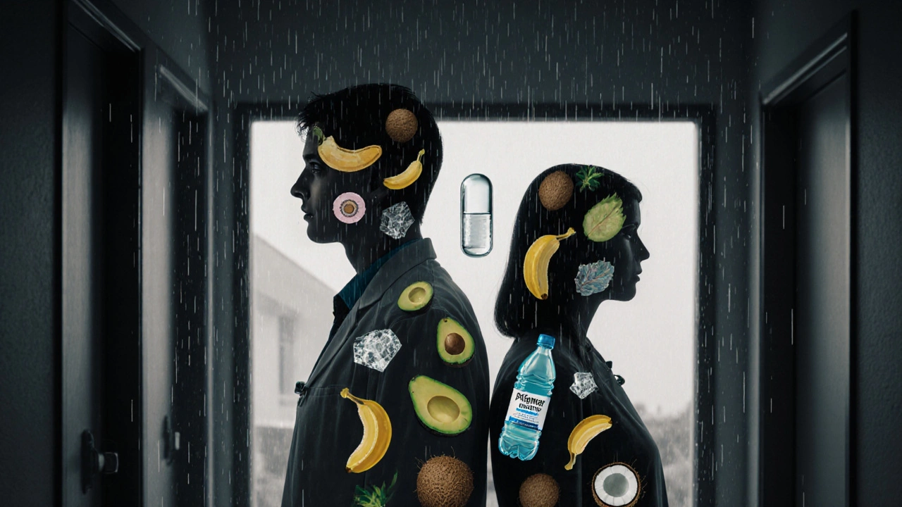 Doctor and patient dissolving into food icons, connected by a binding pill in a quiet clinic hallway.
