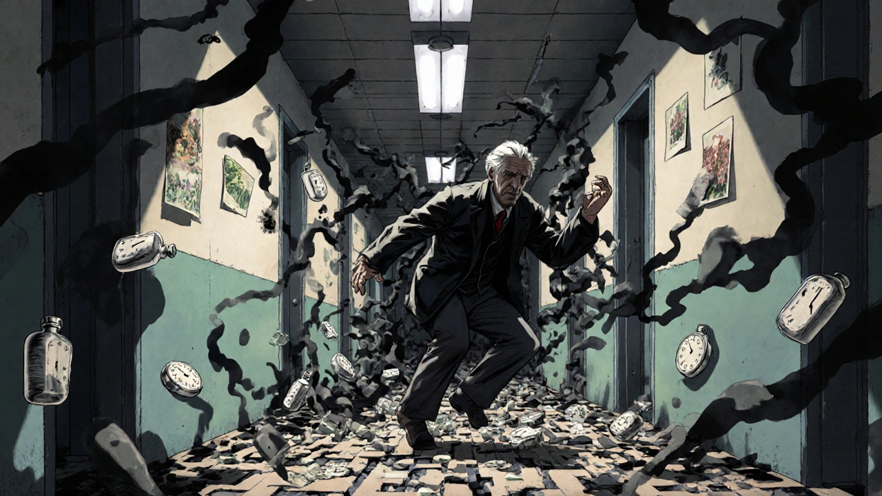 Elderly man falling in hallway, surrounded by floating pill bottles and distorted clocks.