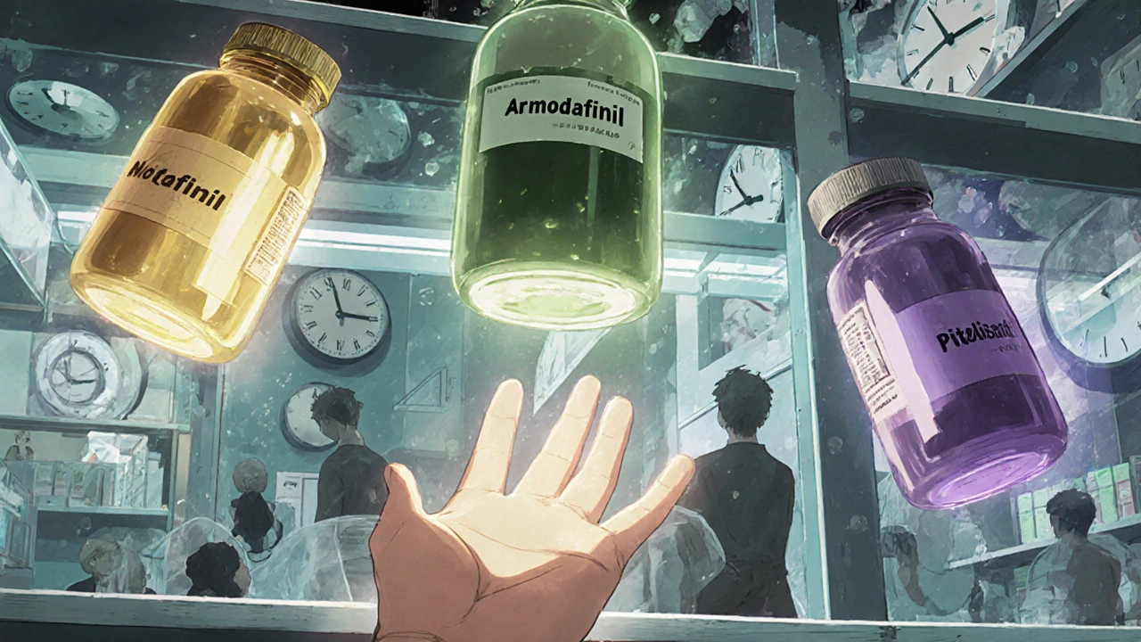 Floating medication bottles with colored auras on a mystical pharmacy shelf, hand reaching for Armodafinil.