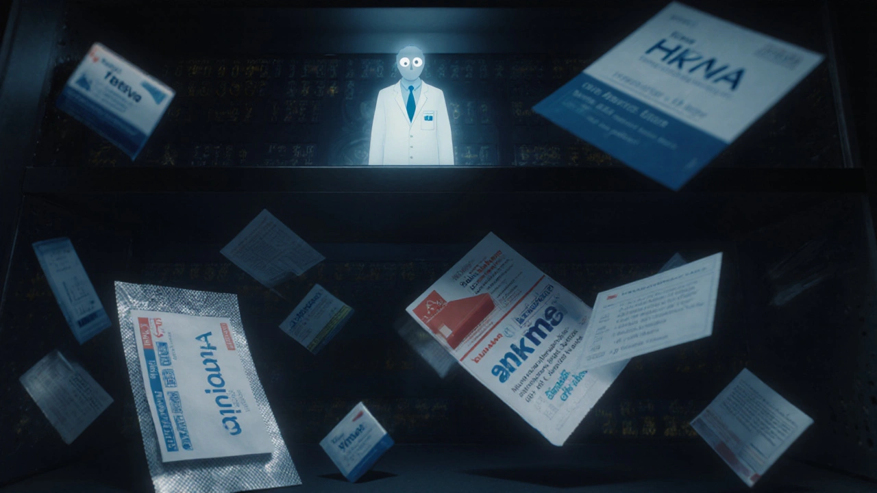 Generic pills float above a pharmacy shelf, their packaging morphing into legal briefs and hidden marketing text under a watchful inspector.