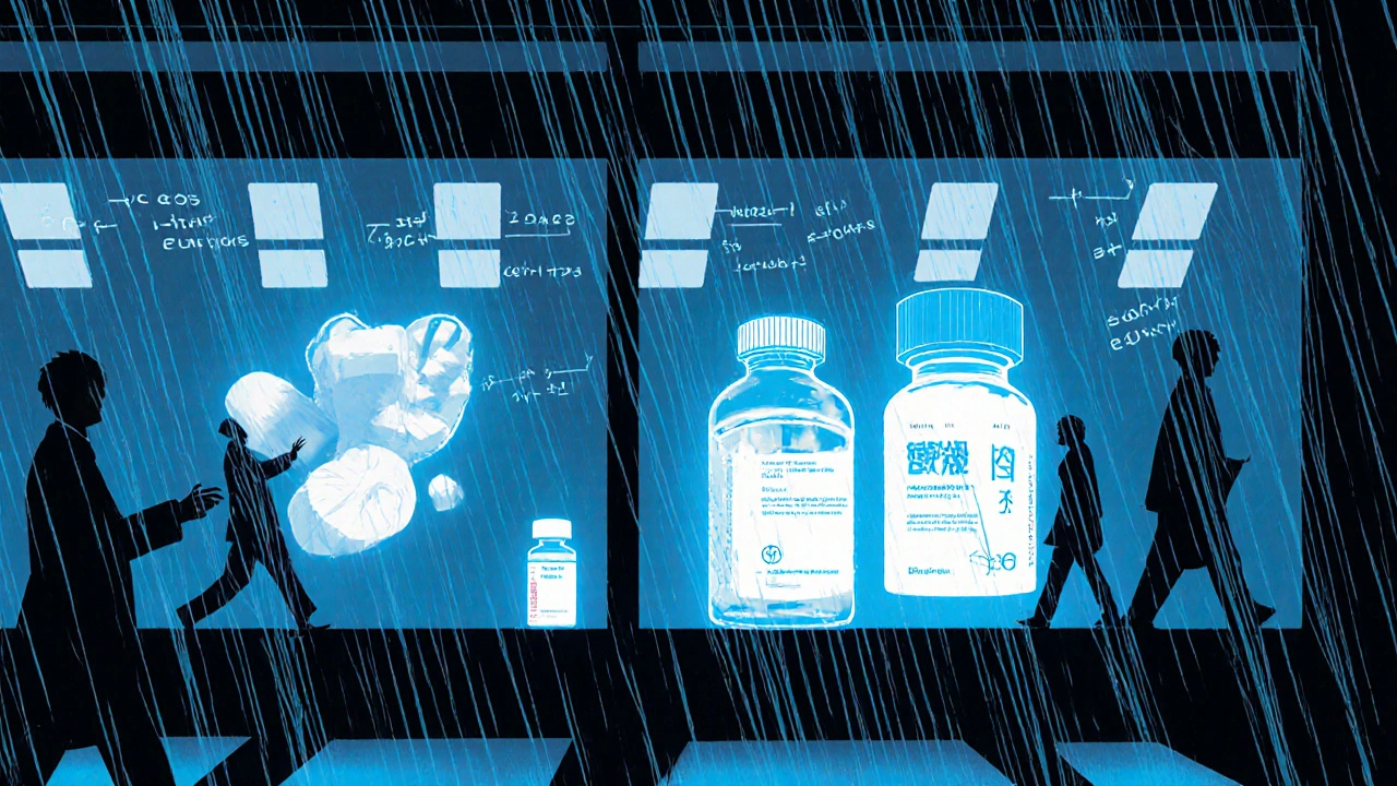 Modern heart medications glow brightly on a shelf while digoxin sits dimly in the corner under rain-streaked window lights.