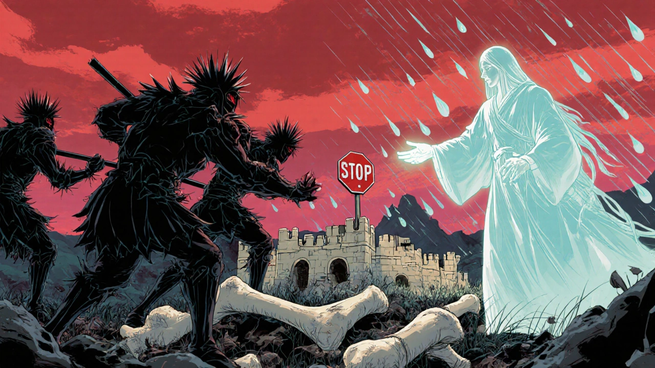 Osteoclasts charge a bone fortress as calcitonin, a serene guardian, stops them with glowing signals.