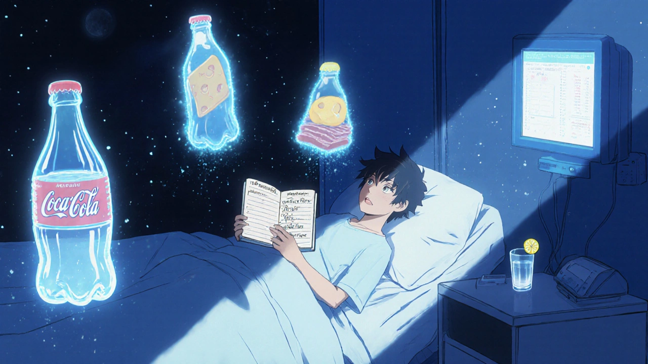 Patient in hospital room at night, ghostly processed foods dissolving, medical monitor glowing softly.