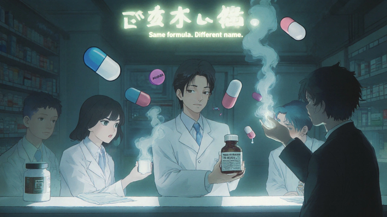 Patients receiving pills at a pharmacy counter, each pill transforming into its branded version before vanishing into smoke.