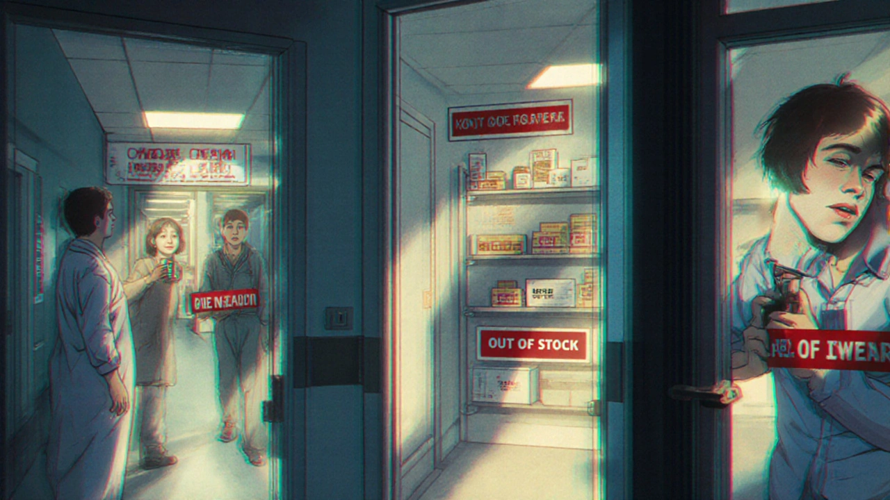 Patients walking through a hallucinatory hospital hallway with empty shelves and factory workers.