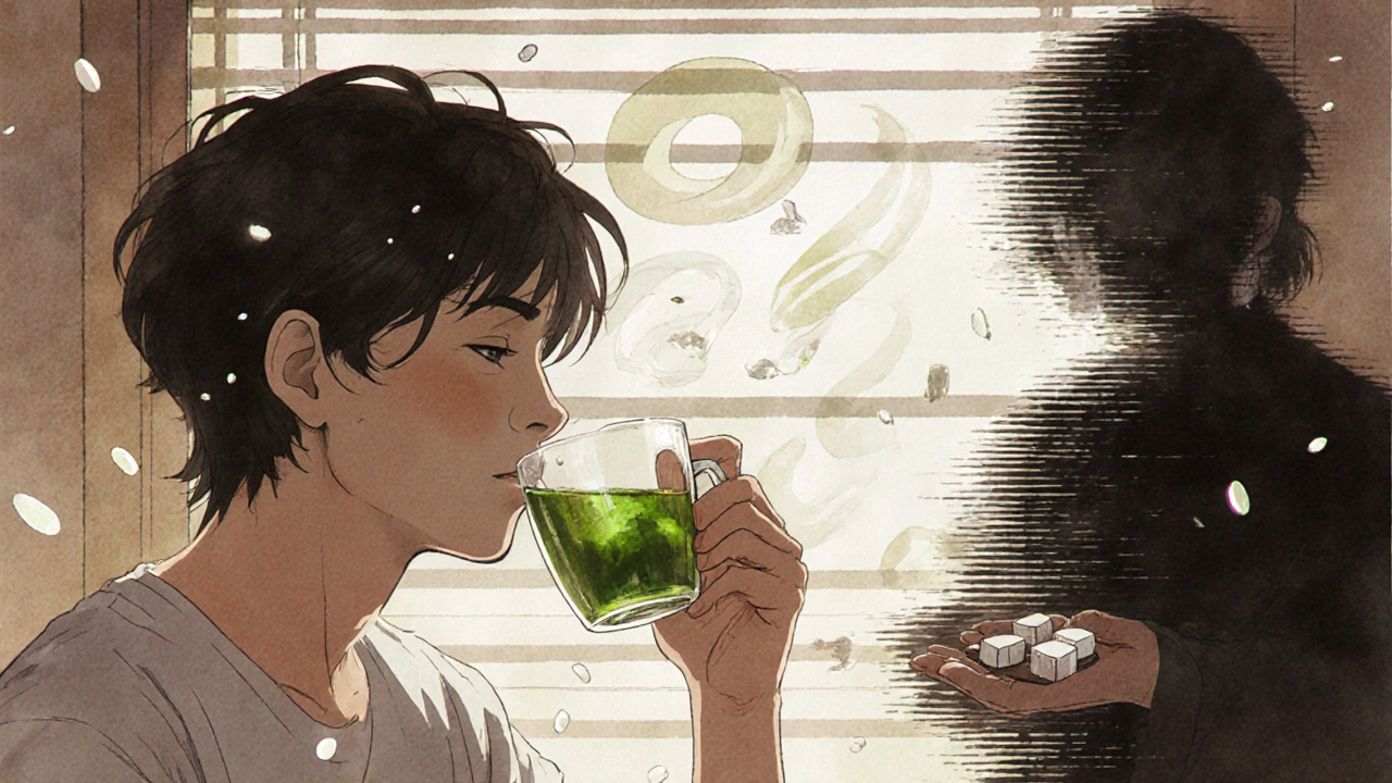 Person drinking tea with calming energy swirls, contrasted by a fading figure holding Armodafinil pills.