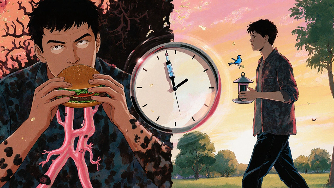 Split scene: a man eating fast food vs. walking in a park, with clean and clogged arteries shown side by side.