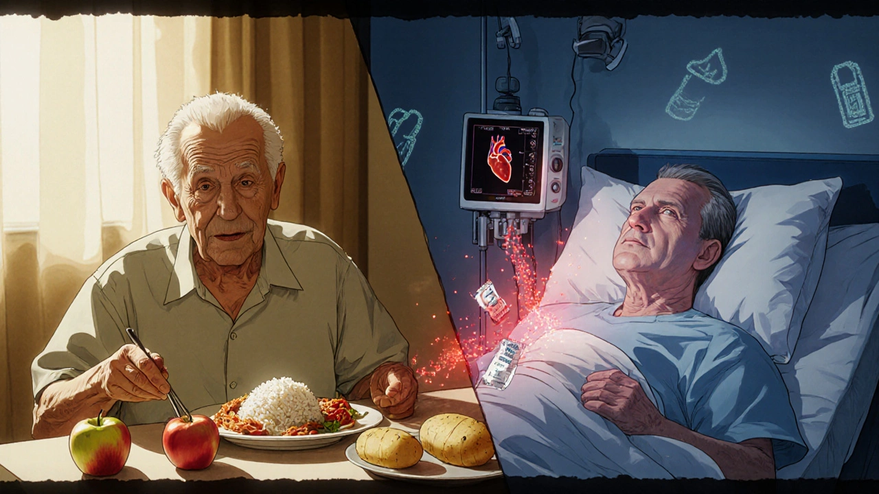 Split scene: healthy meal vs. hospital bed, with potassium ions flowing from food into the body.