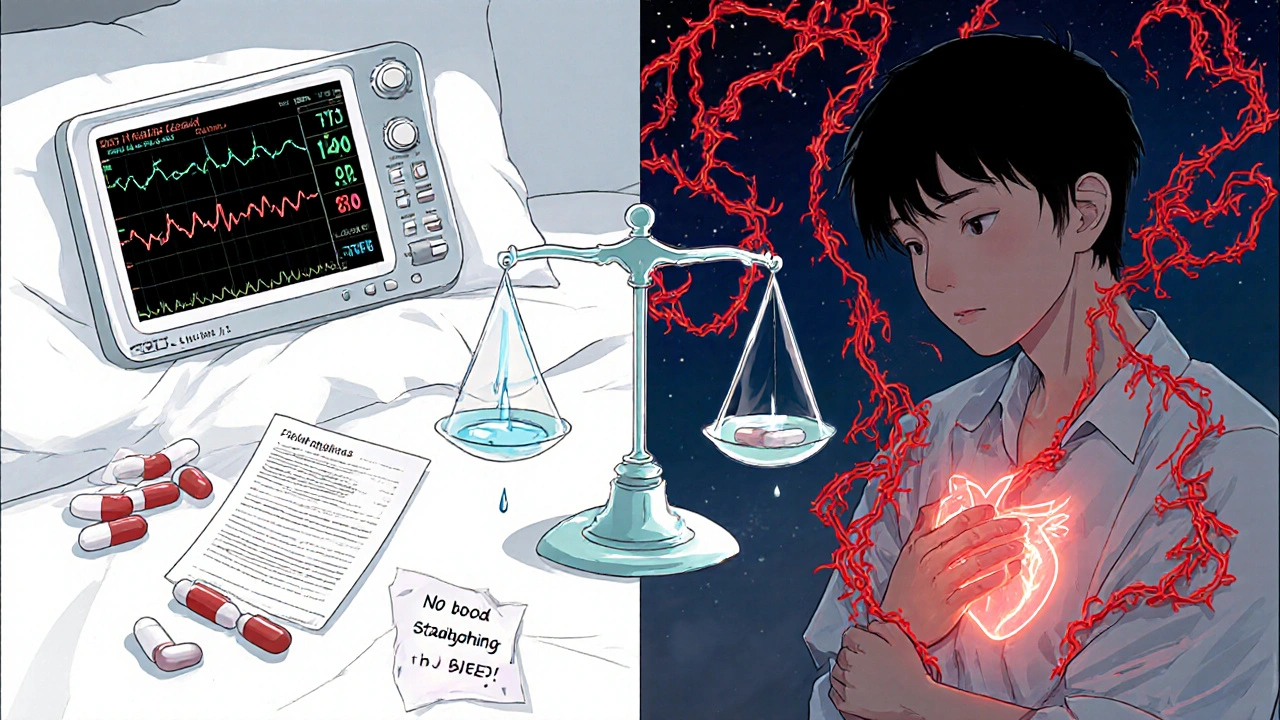 Split scene: peaceful sleep with new meds vs. toxic digoxin effects as vines strangle the heart, with a balancing scale between cost and survival.
