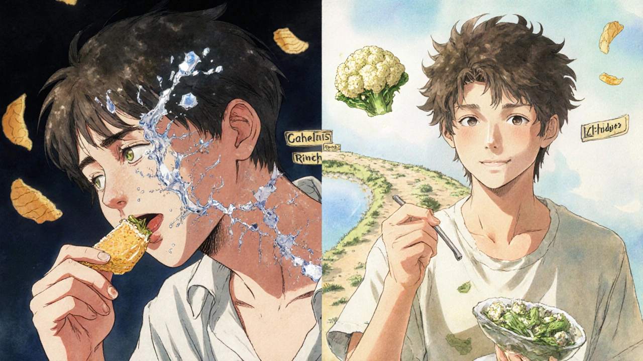 Split scene: person crumbling from salty snack vs. glowing with healthy food, floating diet tips on path.