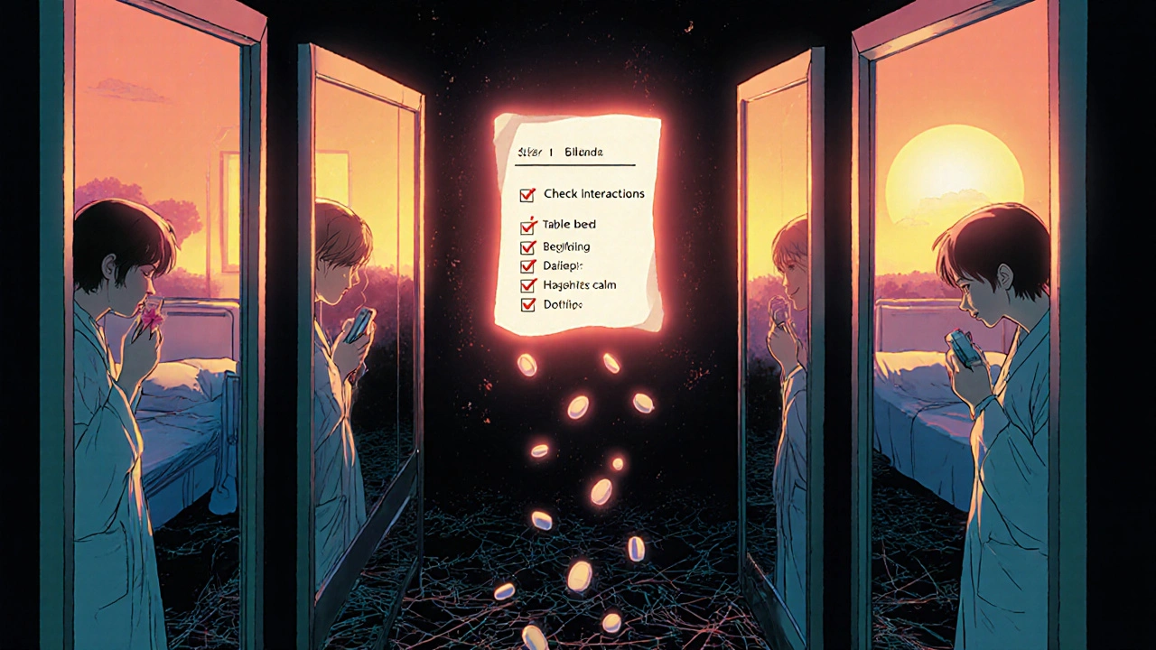 Surreal mirror reflections showing different outcomes of medication use, with a glowing checklist above.