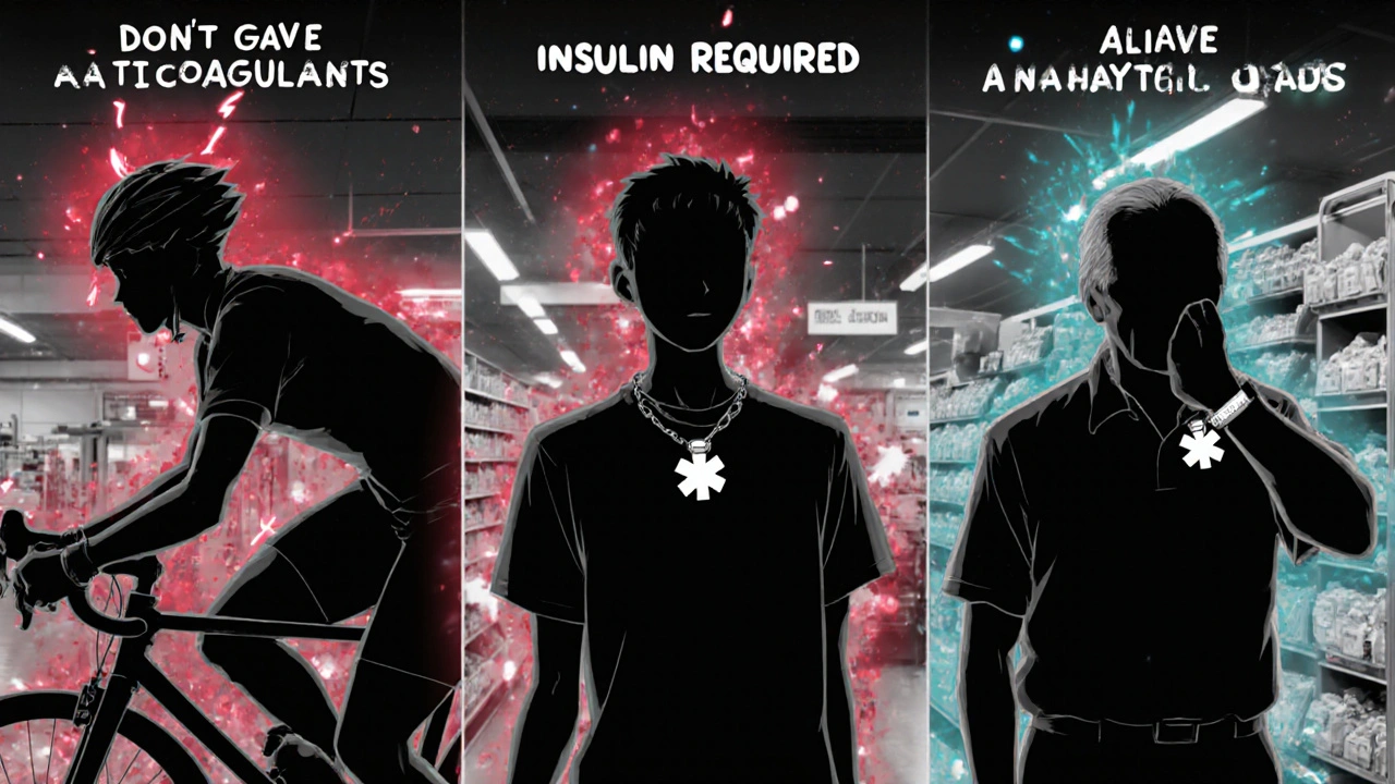 Three people wearing medical alert bracelets, their silhouettes dissolving as emergency lights flash around them.