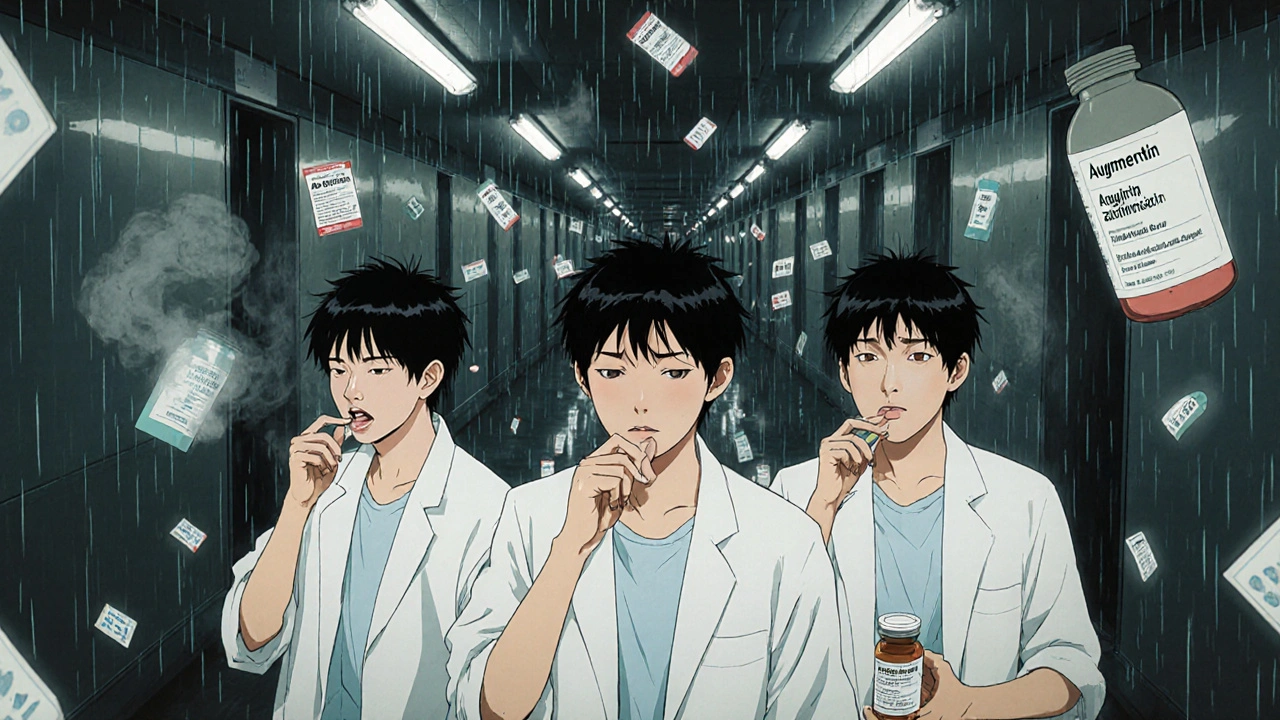 Three versions of a person in a fractured mirror, each taking a different antibiotic, with floating labels dissolving into smoke.