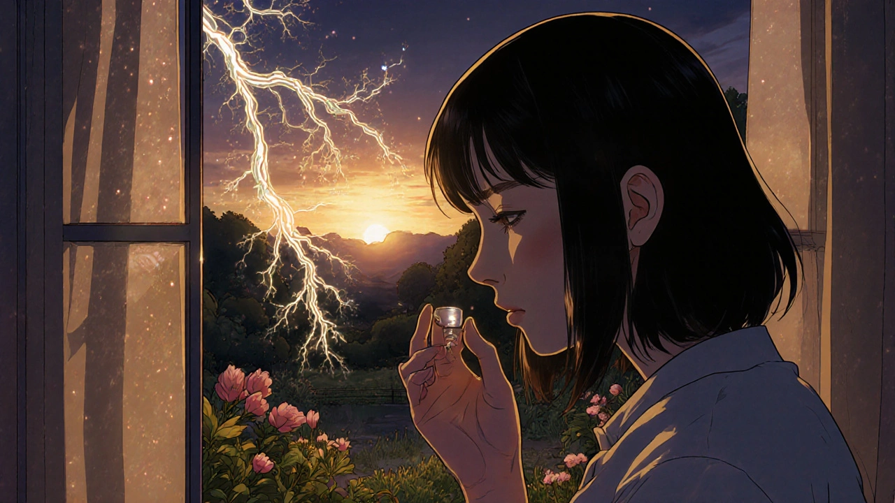 Woman holding diazepam tablet as neural pathways glow and reconnect in the dark.