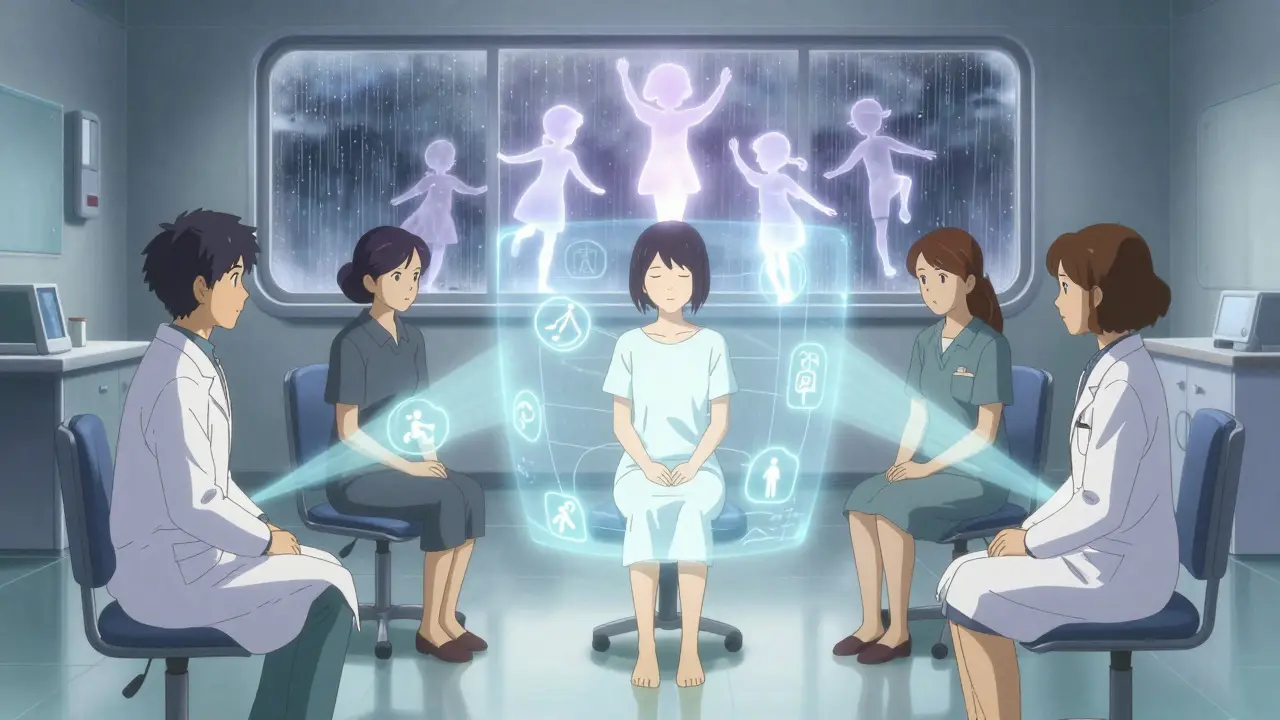 A care team surrounding a patient’s holographic life plan, with floating memories of happier times.