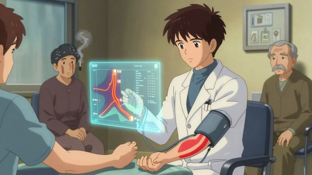 A doctor checking ankle and arm blood pressure while transparent blood flow maps float in the air.
