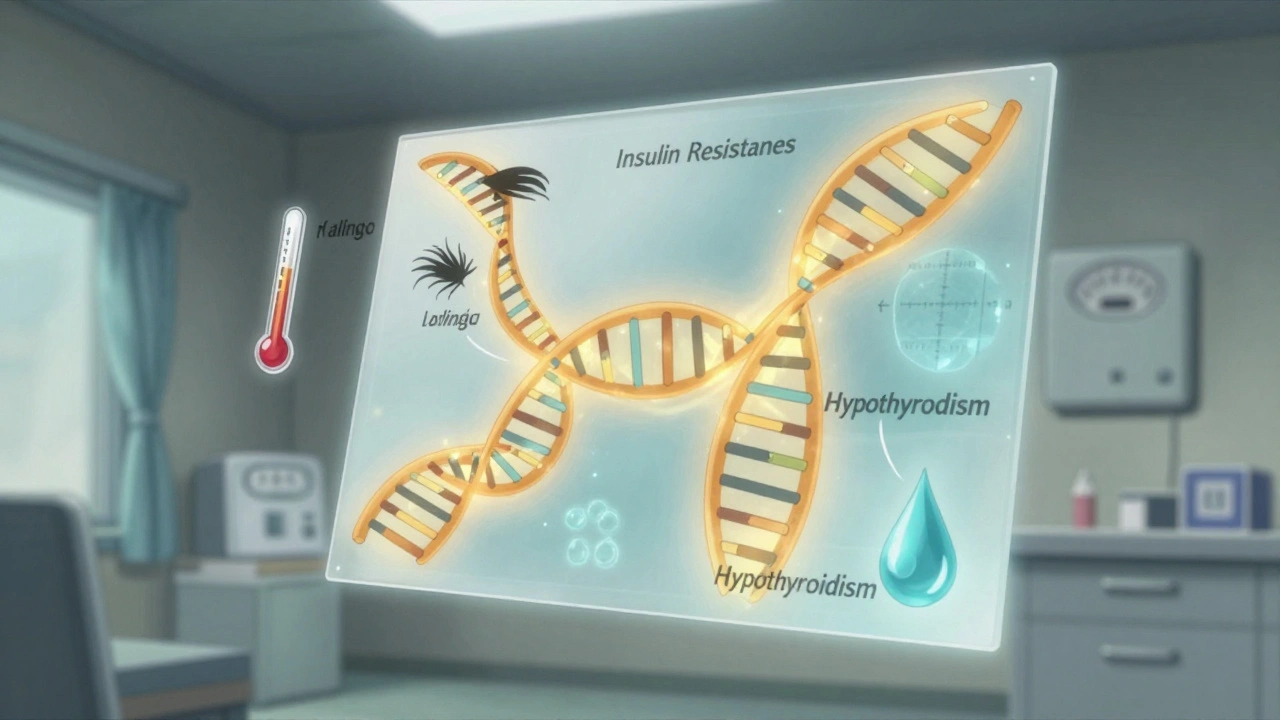 A floating medical chart with intertwined insulin and thyroid pathways, surrounded by floating symptoms.