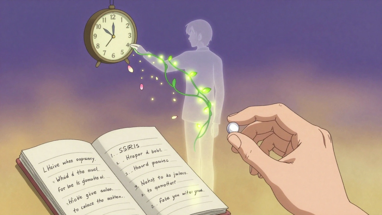 A hand holding a pill next to affirmations, with a fading figure dissolving into light and vines of growth.