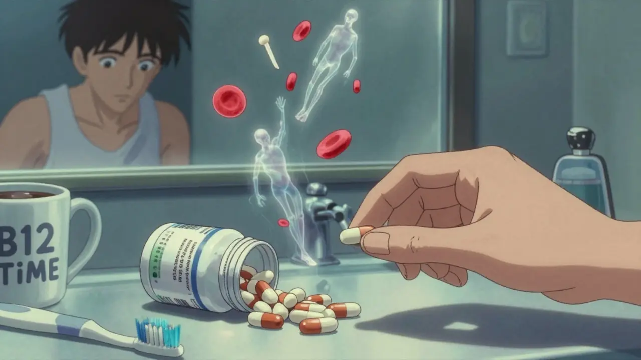 A hand holds a bariatric vitamin as ghostly bones and nerves rise from discarded multivitamins.