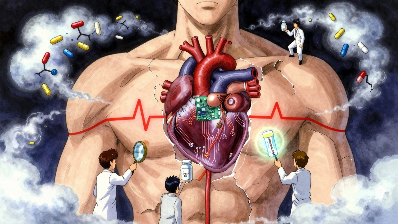 A human heart is shown as a glowing circuit board with dangerous drug interactions disrupting its QT interval, surrounded by enzyme clouds.
