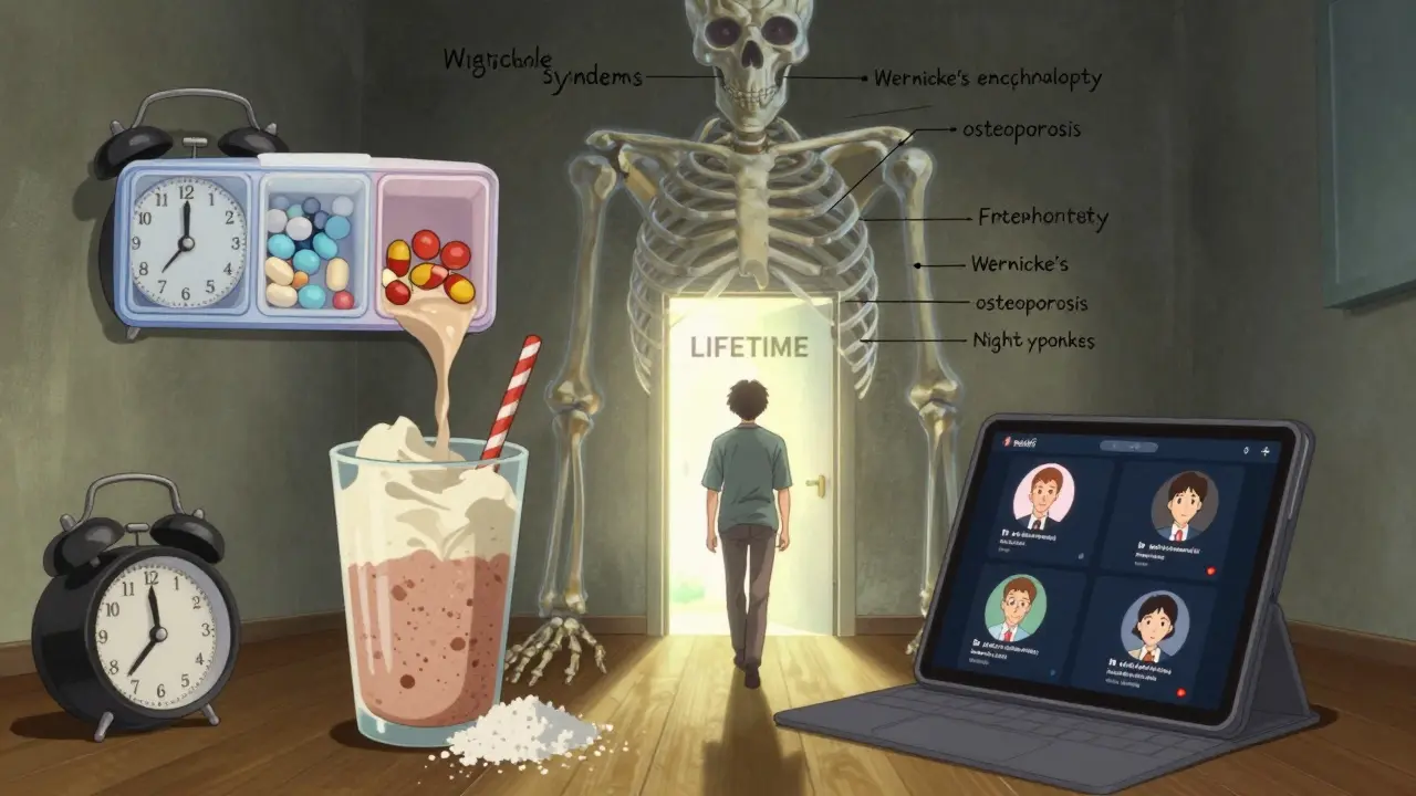 A patient's daily routine includes pill organizer, protein shake, and support chat with a looming skeleton of deficiencies.