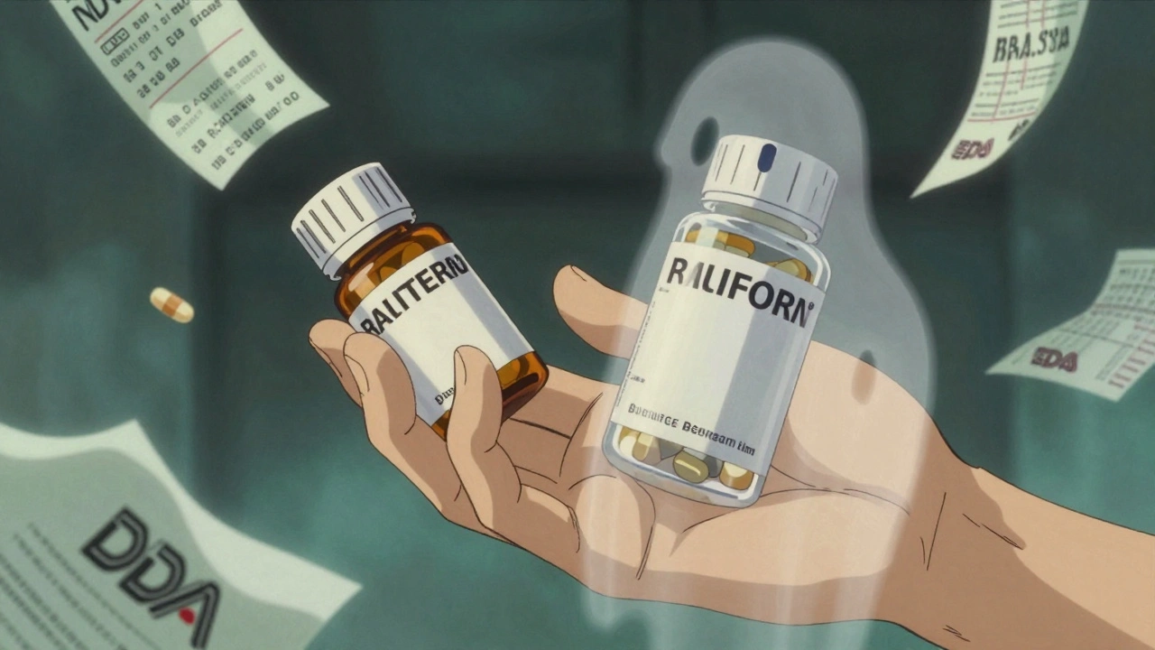 A patient&#039;s hand holding a pill bottle with a ghostly transparent overlay showing the same pill in a generic version.