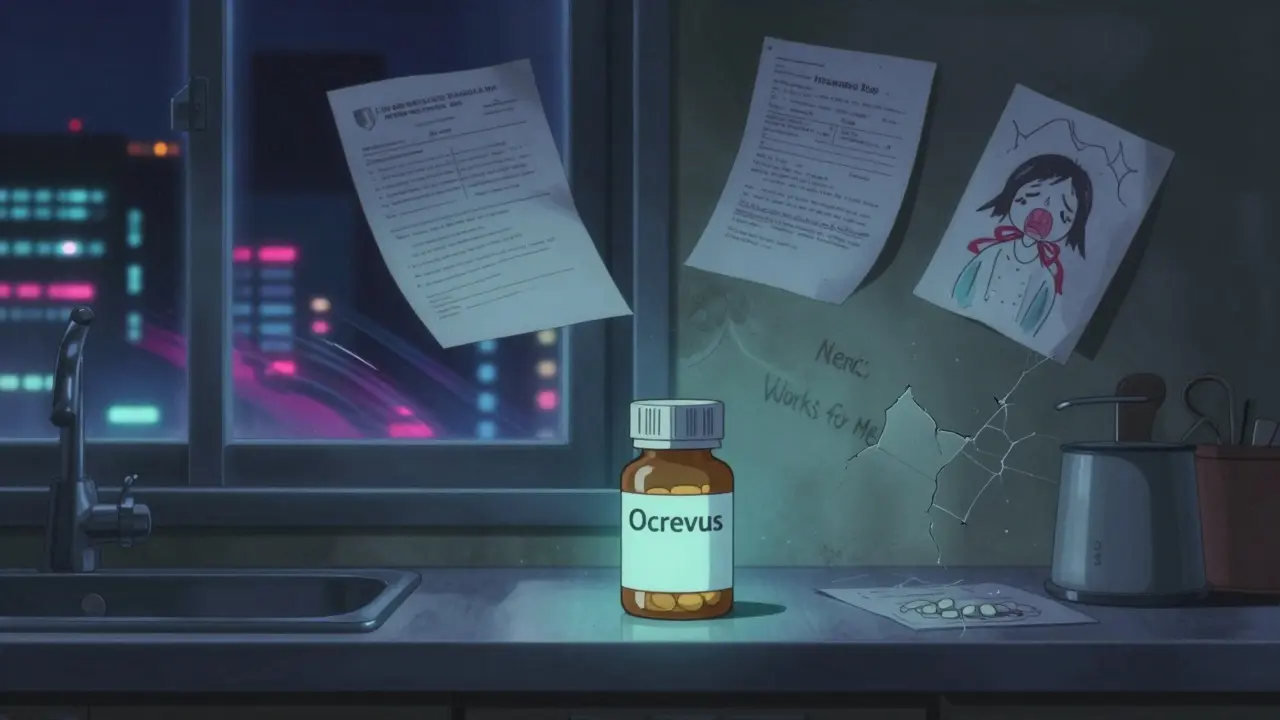 A patient's pill bottle glows in a dark apartment as financial stress and family sorrow float as ghosts.