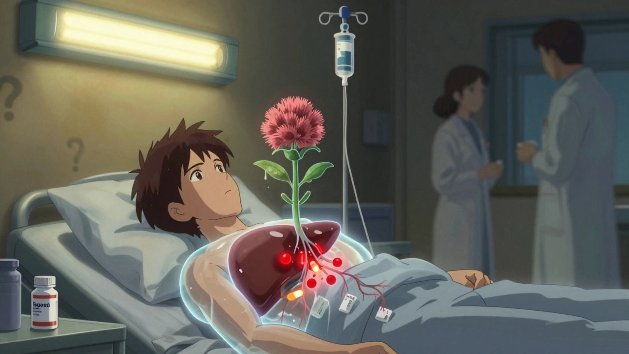 A patient&#039;s transparent body reveals liver enzymes fluctuating between inhibition and activation, with warfarin spilling into veins.