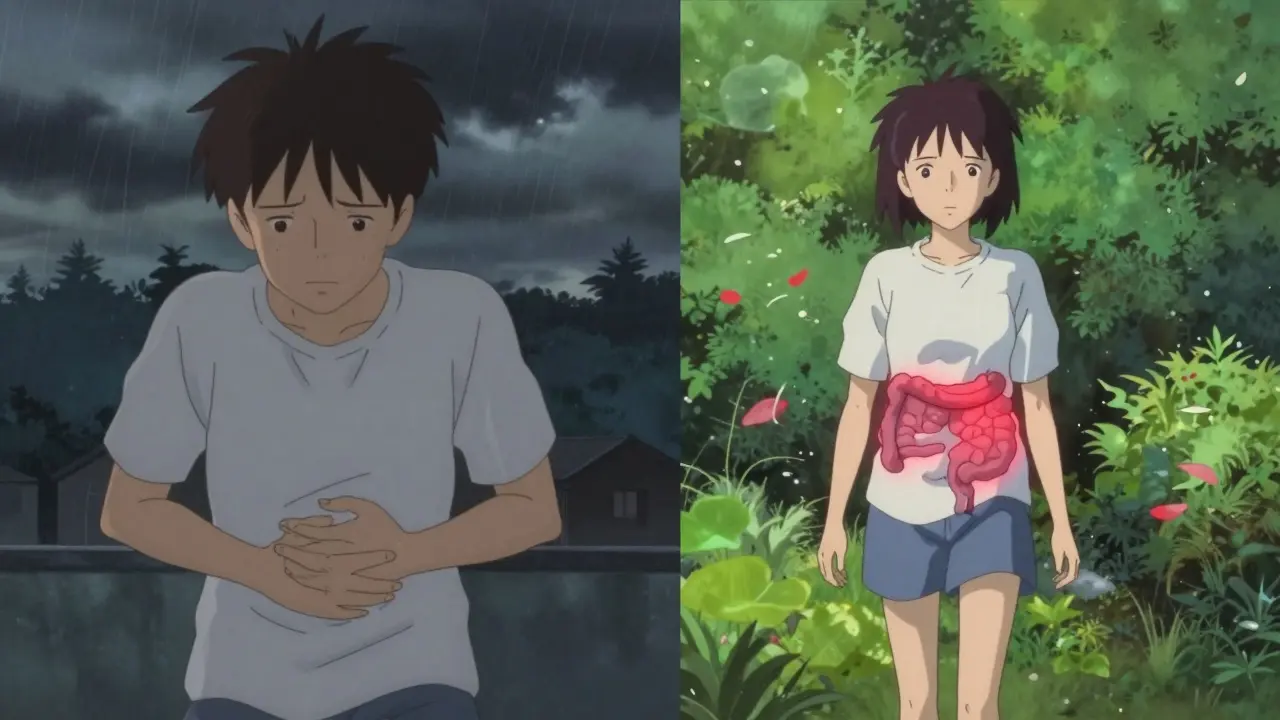 A patient beside their former self, one suffering nausea, the other at peace—gut receptors still red.