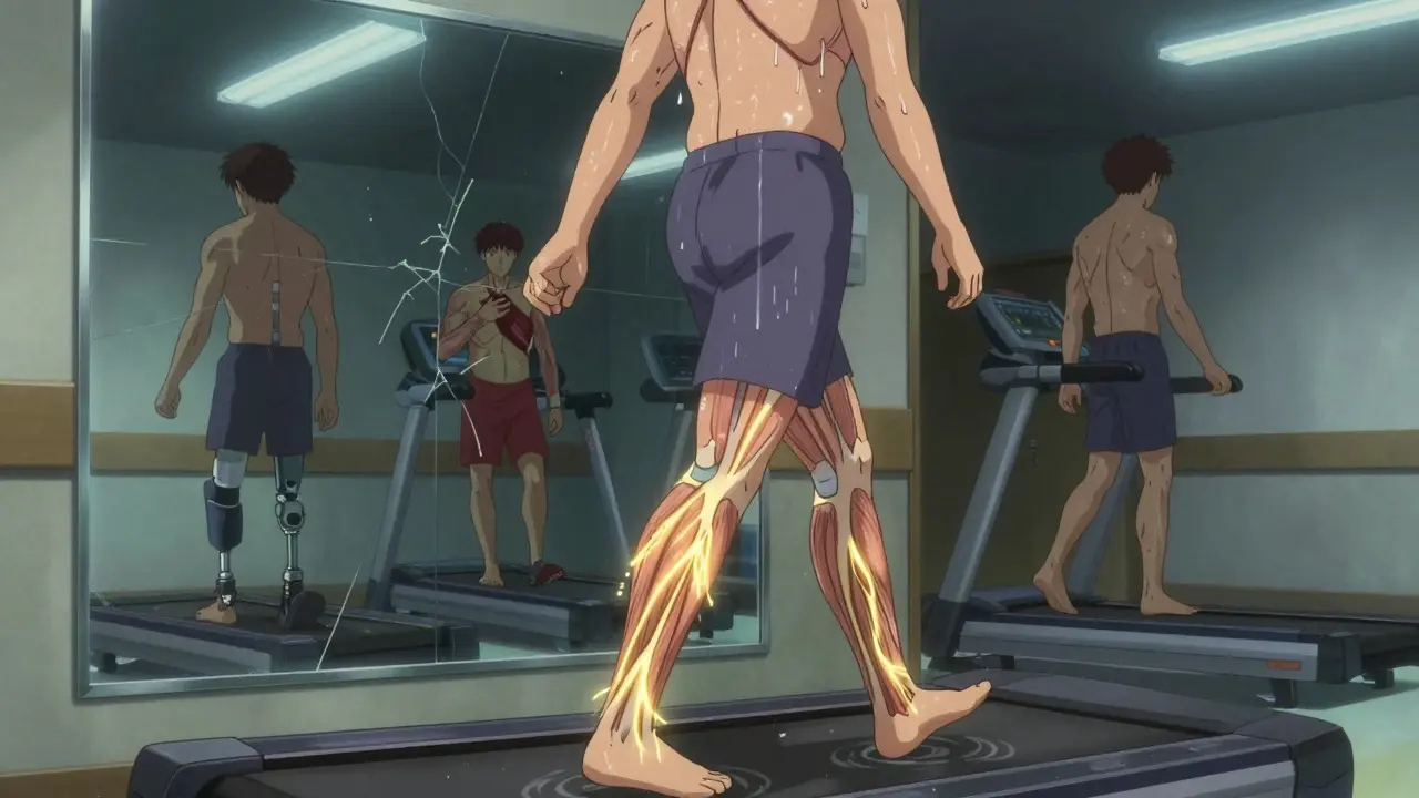 A patient walking on a treadmill as new blood vessels glow golden around blocked arteries in his legs.