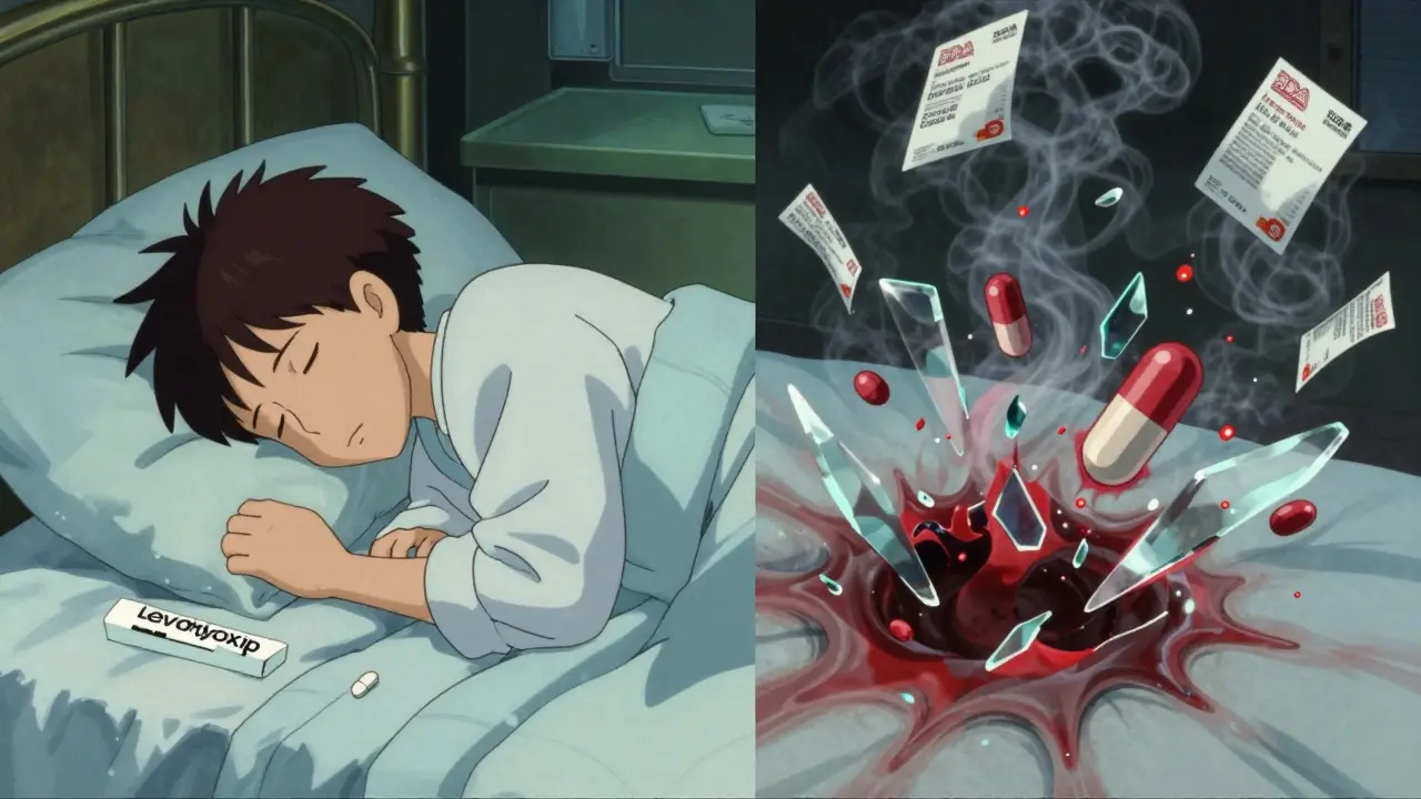 A peaceful patient contrasts with a seizure victim as a pill transforms into glass shards, symbolizing dangerous drug substitution.