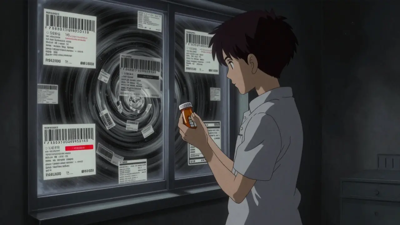 A person holds a pill bottle, their reflection showing barcodes and recall alerts, while fake websites flicker in the window.
