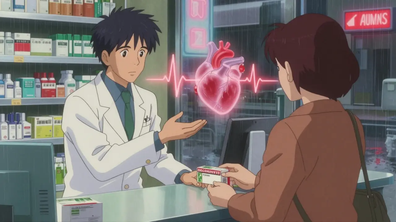 A pharmacist stops a customer from taking a decongestant, with ghostly heart and artery images floating between them.