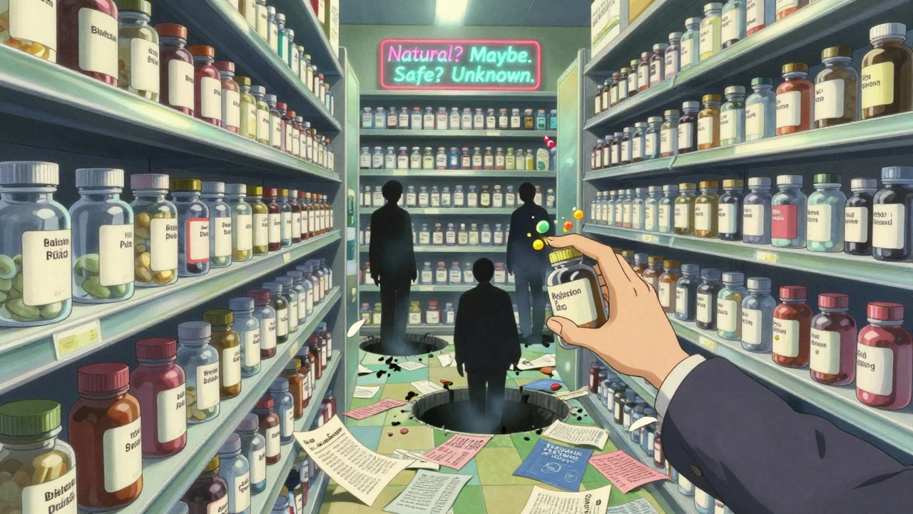 A pharmacy shelf of inconsistent milk thistle bottles, with patient silhouettes falling into danger labels, in haunting anime style.