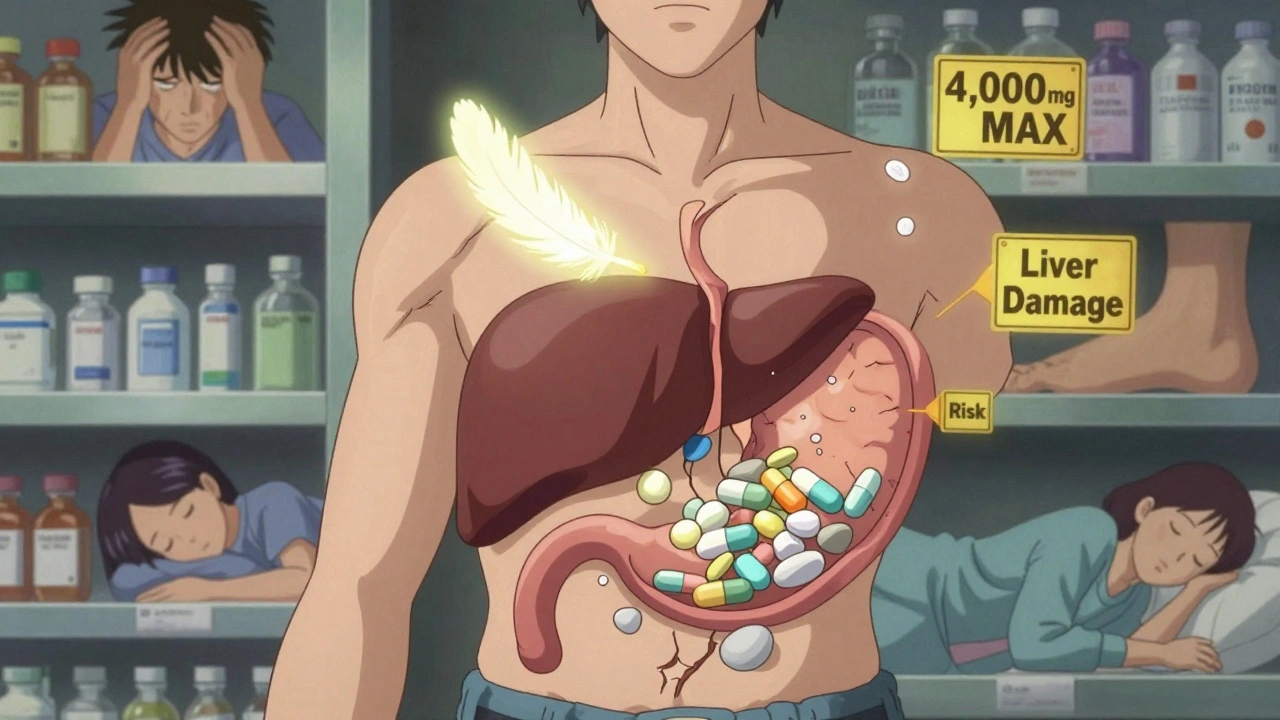 A pharmacy shelf transforming into a human body, with acetaminophen as feathers near the liver and NSAIDs as stones damaging the stomach.
