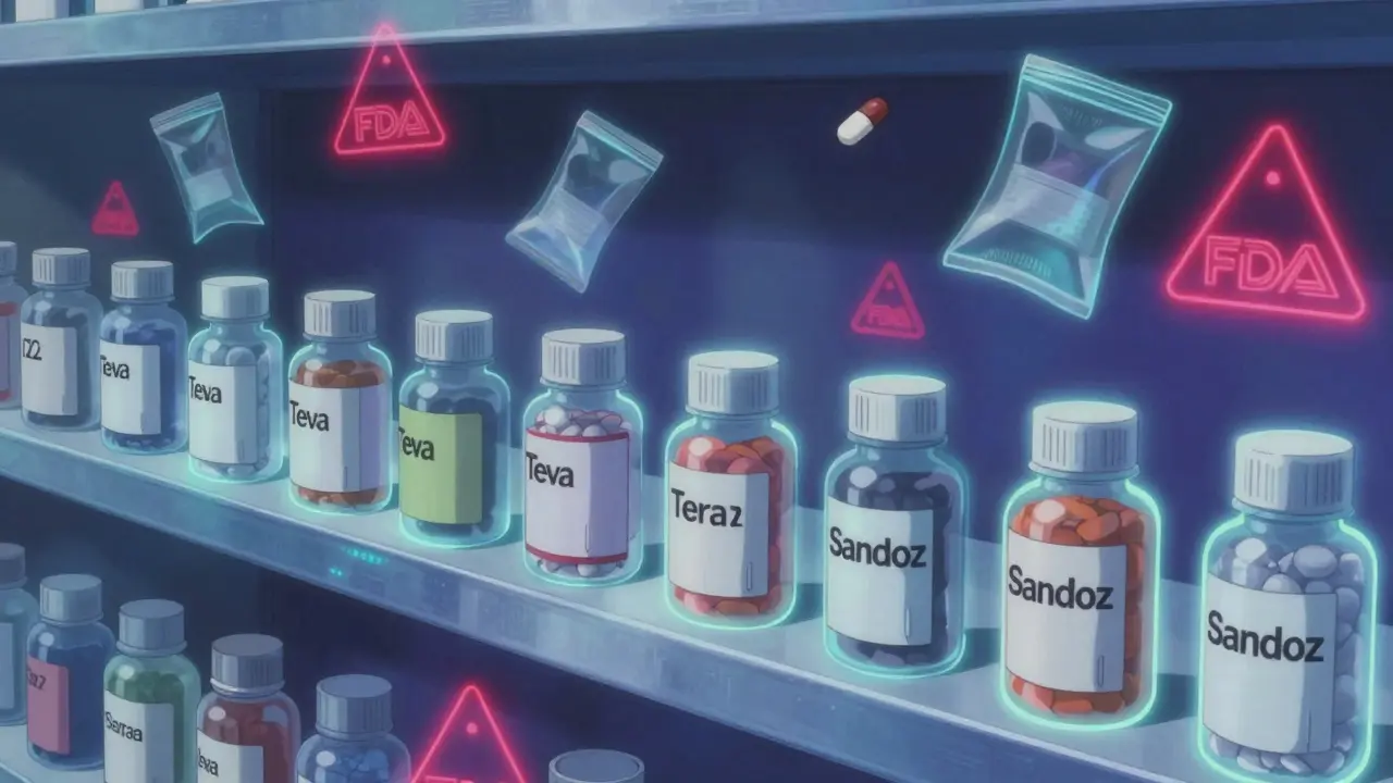 A pharmacy shelf with glowing legitimate drug bottles and ghostly fake ones with crooked labels drifting in shadow.