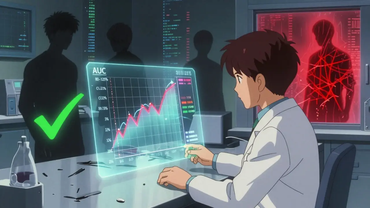 A scientist facing a holographic bioequivalence model, with patient data streams collapsing into chaos.